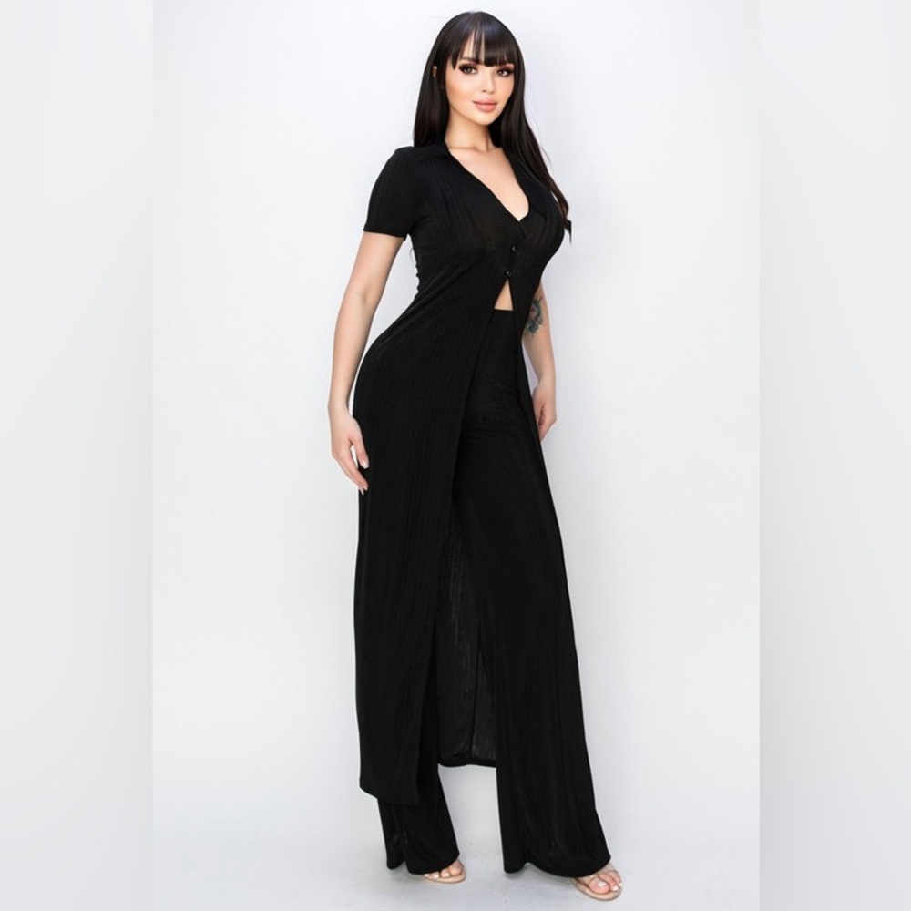 Solid Knitted Slinky 2 Piece Cardigan Set